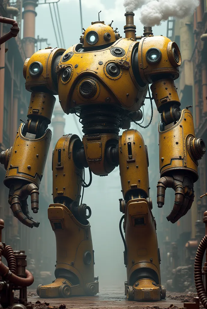 {
  "size": "1024x1792",
  "prompt": "A large steampunk robot standing in a factory, covered in brass gears, pipes, and gauges. It has glowing eyes and large mechanical arms, with steam billowing out from vents on its back. The factory around it is filled with old-fashioned machinery and industrial equipment."
}
