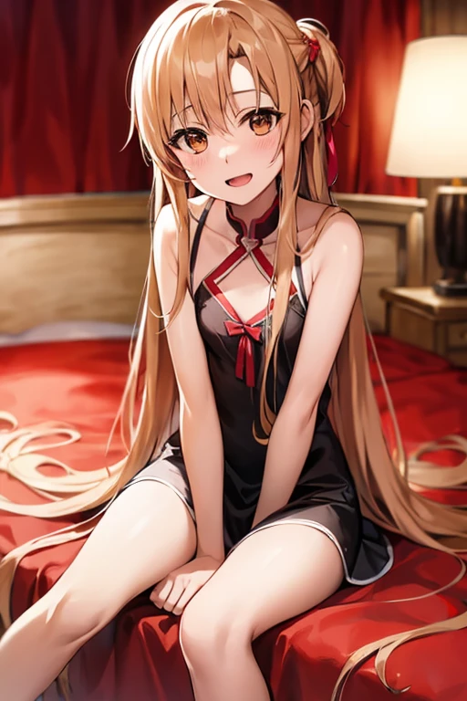 ((Best Quality)), ((masterpiece)), (be familiar with), Perfect Face, indoor, bedroom, Watching the audience,
One woman, Yuuki Asuna,
Open Mouth, Ecstatic expression, blush, smile,
Small breasts, Flat Chest, , , child, Girl,
Long Hair, Long Hair,
Leg spread,