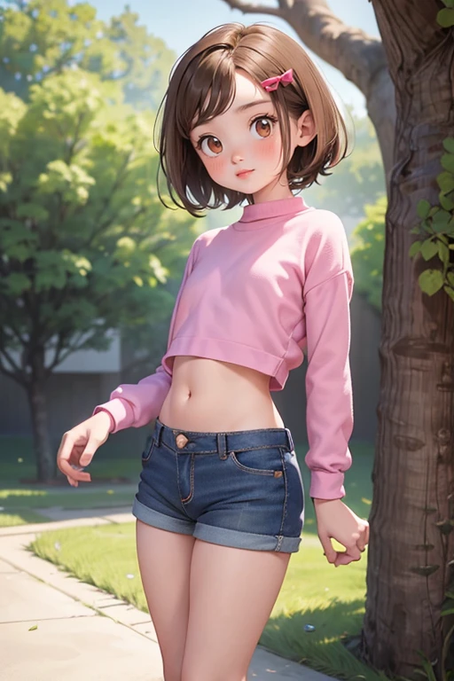 Very young very ，Elementary school girl，Very short stature:1.2，Child body type，Baby Face，Flat Chest，Swollen areola，Small round ass，Very thin thighs，Very short legs，A short pink long sleeve T-shirt, belly button，Tight denim shorts，Pink stockings，Tight Roll, 8k, Black Hair, Green, High resolution, detailed, Full body portrait ，Cunning gestures，