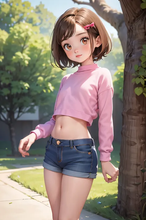 Very young very ，Elementary school girl，Very short stature:1.2，Child body type，Baby Face，Flat Chest，Swollen areola，Small round ass，Very thin thighs，Very short legs，A short pink long sleeve T-shirt, belly button，Tight denim shorts，Pink stockings，Tight Roll, 8k, Black Hair, Green, High resolution, detailed, Full body portrait ，Cunning gestures，