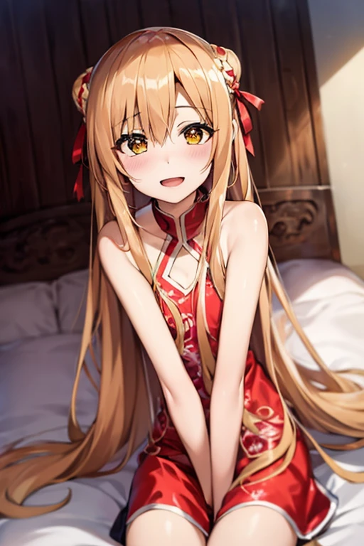 ((Best Quality)), ((masterpiece)), (be familiar with), Perfect Face, indoor, bedroom, Watching the audience,
One woman, Yuuki Asuna,
Open Mouth, Ecstatic expression, blush, smile,
Small breasts, Flat Chest, , , child, Girl,
Long Hair, Long Hair,
Leg spread,