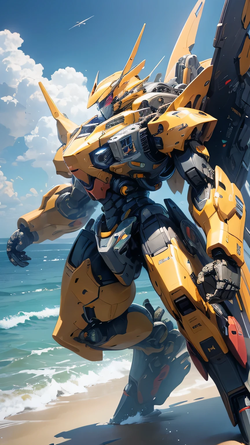 Yellow robot surfing scene with ocean background, yellow Mecha, armored core style Mechaa, an anime large Mechaa robot, Mechaa wings, Mecha, SF Spaceship, Mechaa inspired, SF Spaceship, sci-fi Mecha, 8k octa-rendered photo, cool Mechaa style, Tau Queen concept art, cyber Mecha