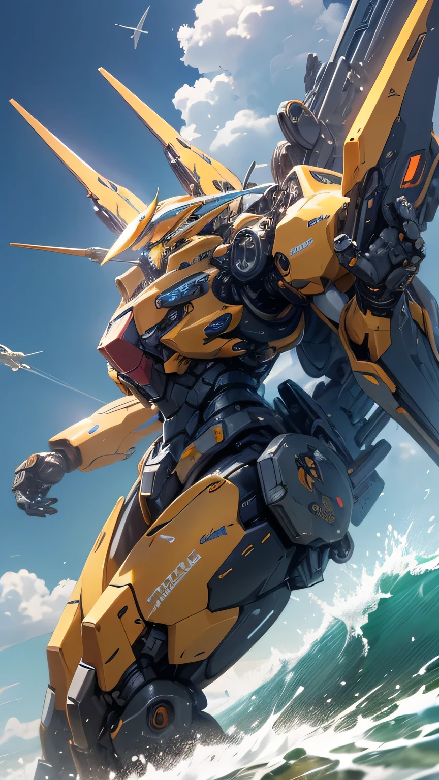 Yellow robot surfing scene with ocean background, yellow Mecha, armored core style Mechaa, an anime large Mechaa robot, Mechaa wings, Mecha, SF Spaceship, Mechaa inspired, SF Spaceship, sci-fi Mecha, 8k octa-rendered photo, cool Mechaa style, Tau Queen concept art, cyber Mecha