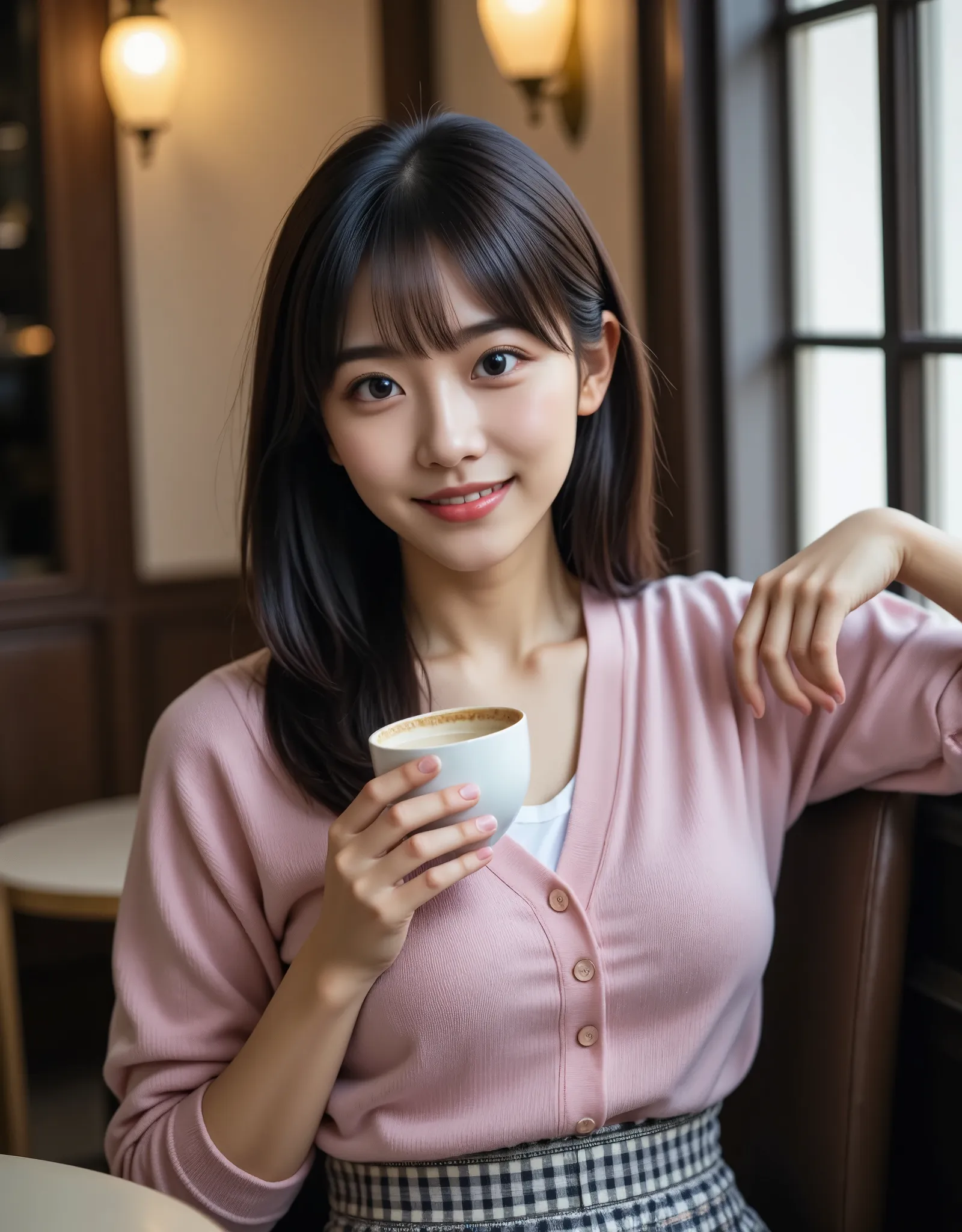 one girl, alone, japanese women, age 19, (black hair), (holding a coffee cup in one hand), sexy, smile, very beautiful girl, (su...