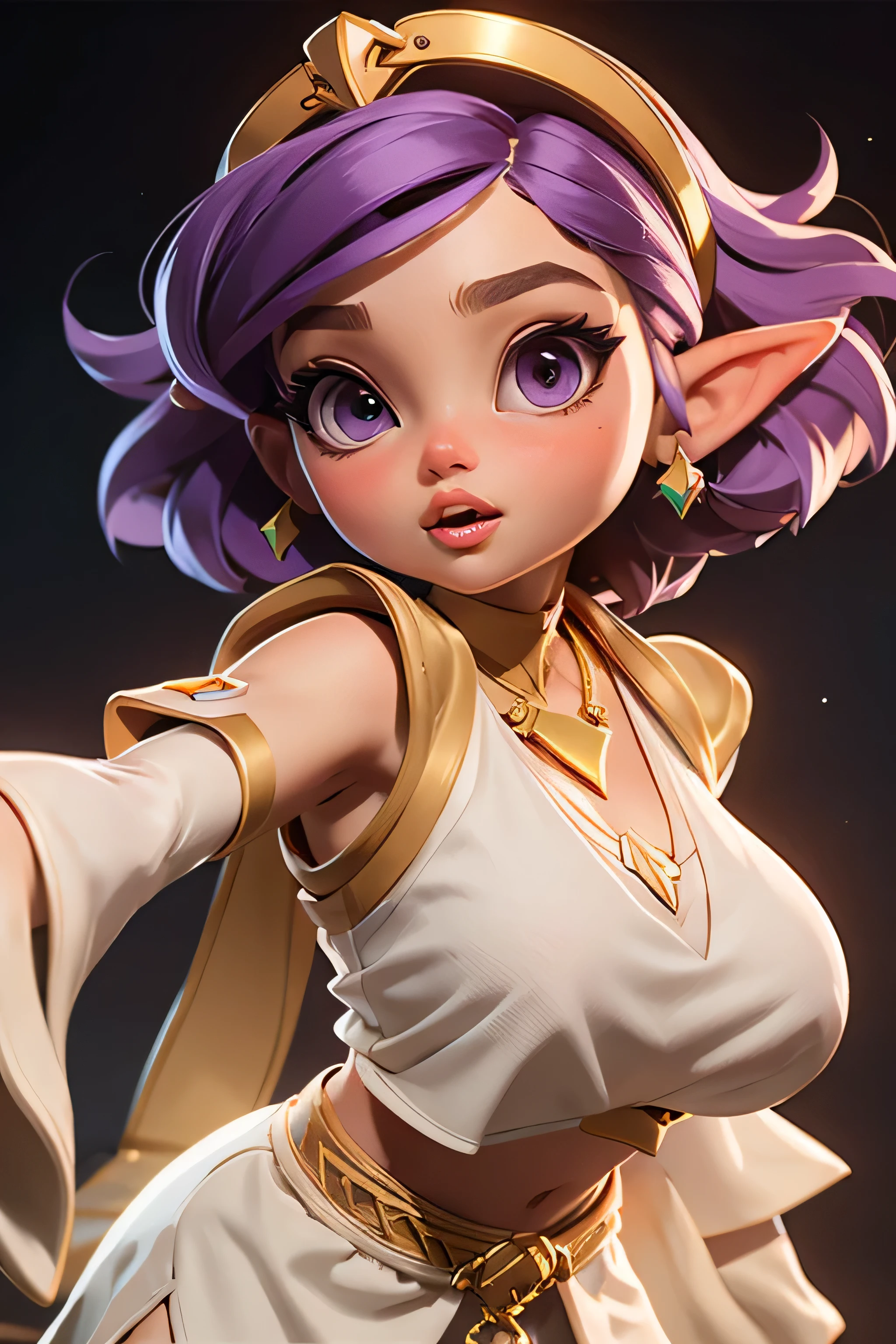 Little kid zelda, short hair, large breast, thick lips, big lips, purple hair, purple eyes, open mouth, princess dress, cleavage, lean forward, midriff peek, golden necklace, side breast visable, white tunic, 