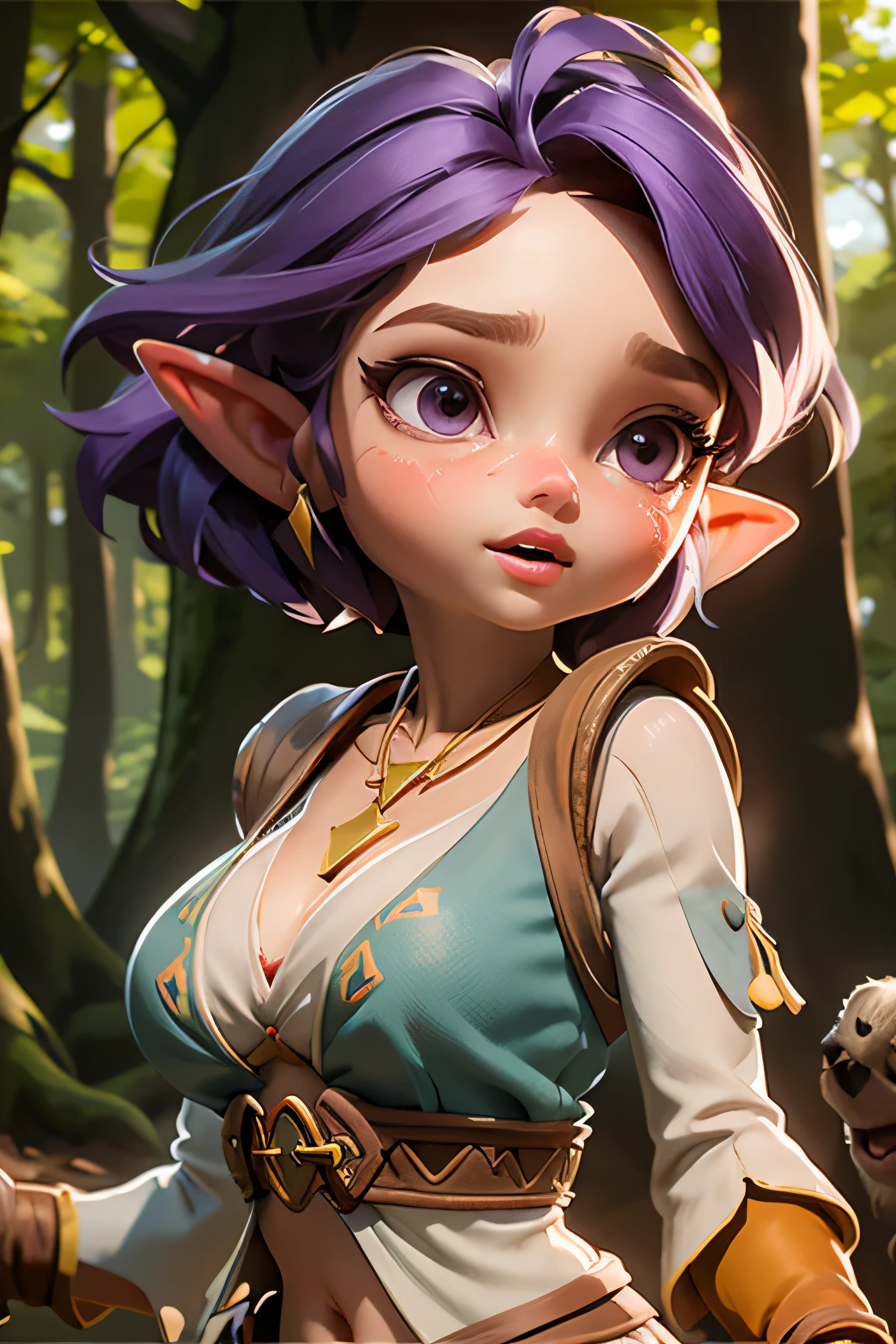 Little kid zelda, short hair, large breast, thick lips, big lips, purple hair, purple eyes, open mouth, cleavage, lean forward, midriff peek, golden necklace, side breast visable, white tunic, arms chained up, man behind little Kid zelda, man's hand grabbing little kid zelda's breast, crying, wooden brecelets, see-through nipple, riding monster, forest,