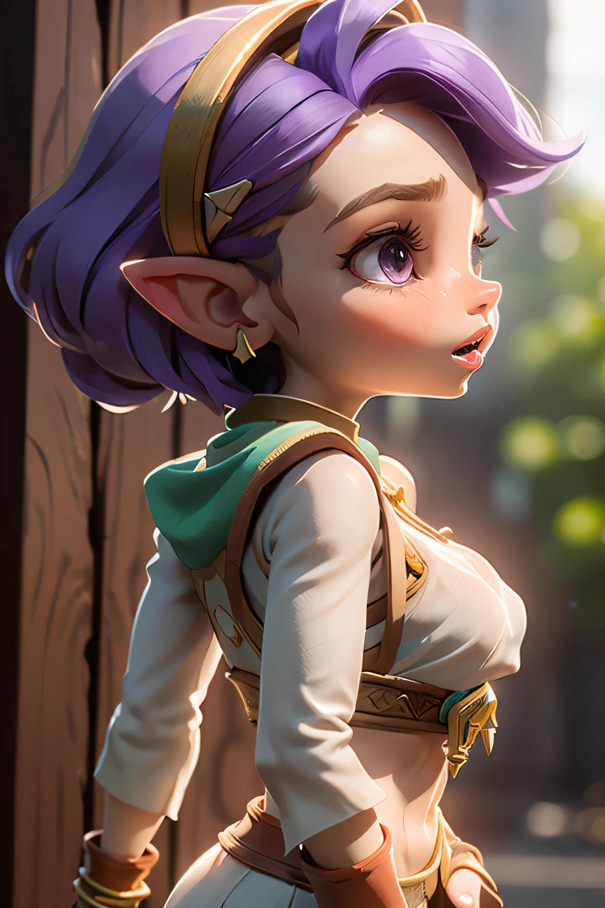 Little kid zelda, short hair, large breast, thick lips, big lips, (purple hair), purple eyes, open mouth, cleavage, lean forward, midriff peek, golden necklace, side breast visable, (white tunic), arms chained up, man behind little Kid zelda, man's hand grabbing little kid zelda's breast, crying, wooden bracelets, (see-through nipple), (little kid zelda kissing a man's penis), (little kid zelda's hands holding man's penis), (man in front), from side,