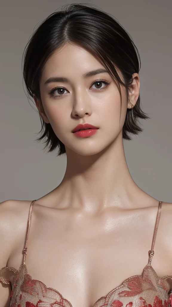 High resolution, masterpiece, Anatomically correct, Ultra high definition, Textured skin, ((Center parted short hair)), tall、Face close-up、Red Lip、Look at、