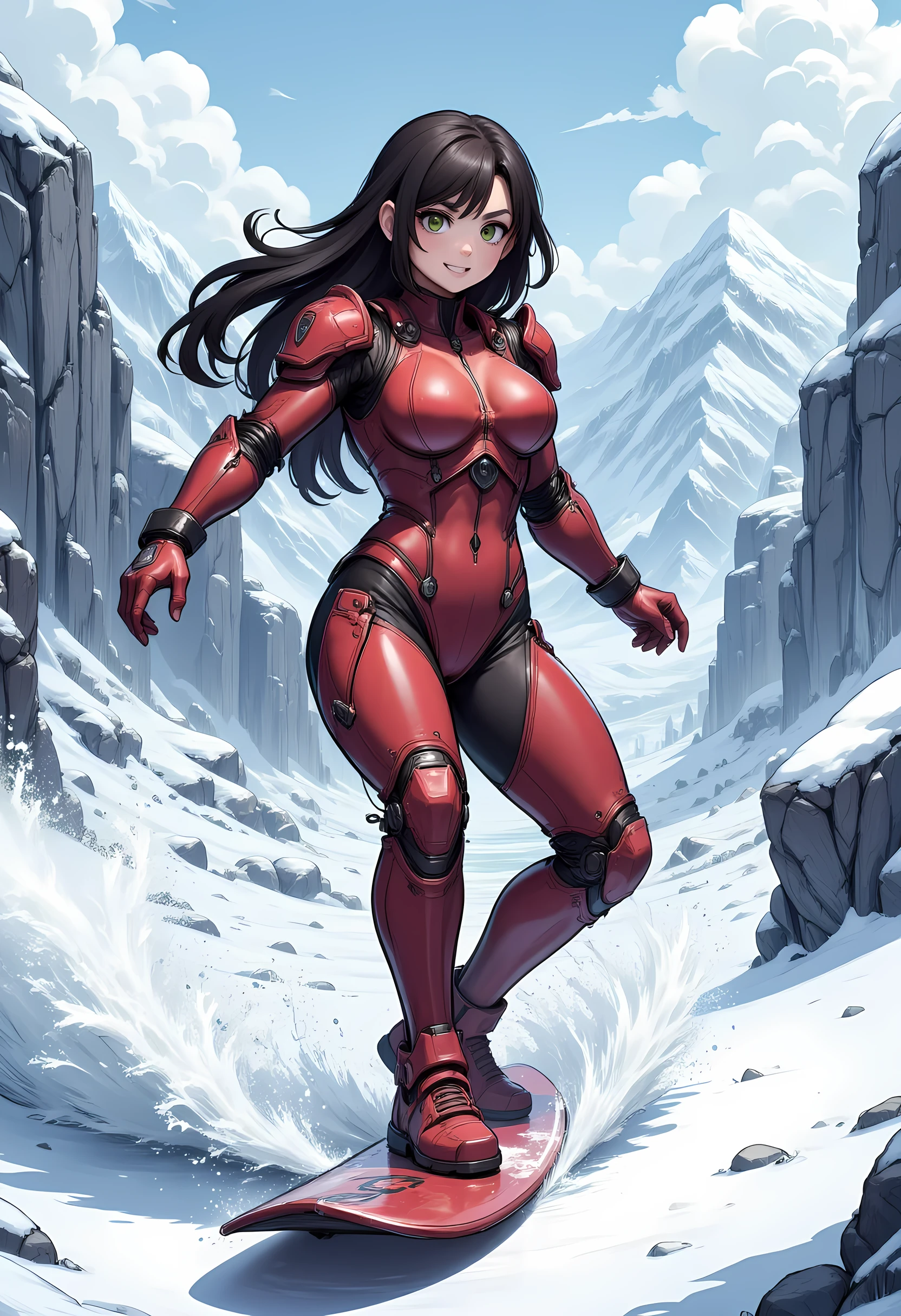 high details, best quality, 16k, [best detailed], masterpiece, best quality, (extremely detailed), photorealistic, fantasy art, RPG art, a picture of a mech girl, wearing red mech suit, surfing in the snow, epic beautiful human woman (best details, Masterpiece, best quality), ultra detailed face (best details, Masterpiece, best quality), dynamic hair, green eyes, mech suit, tight mech suit, (best details, Masterpiece, best quality), snowy mountain background, 