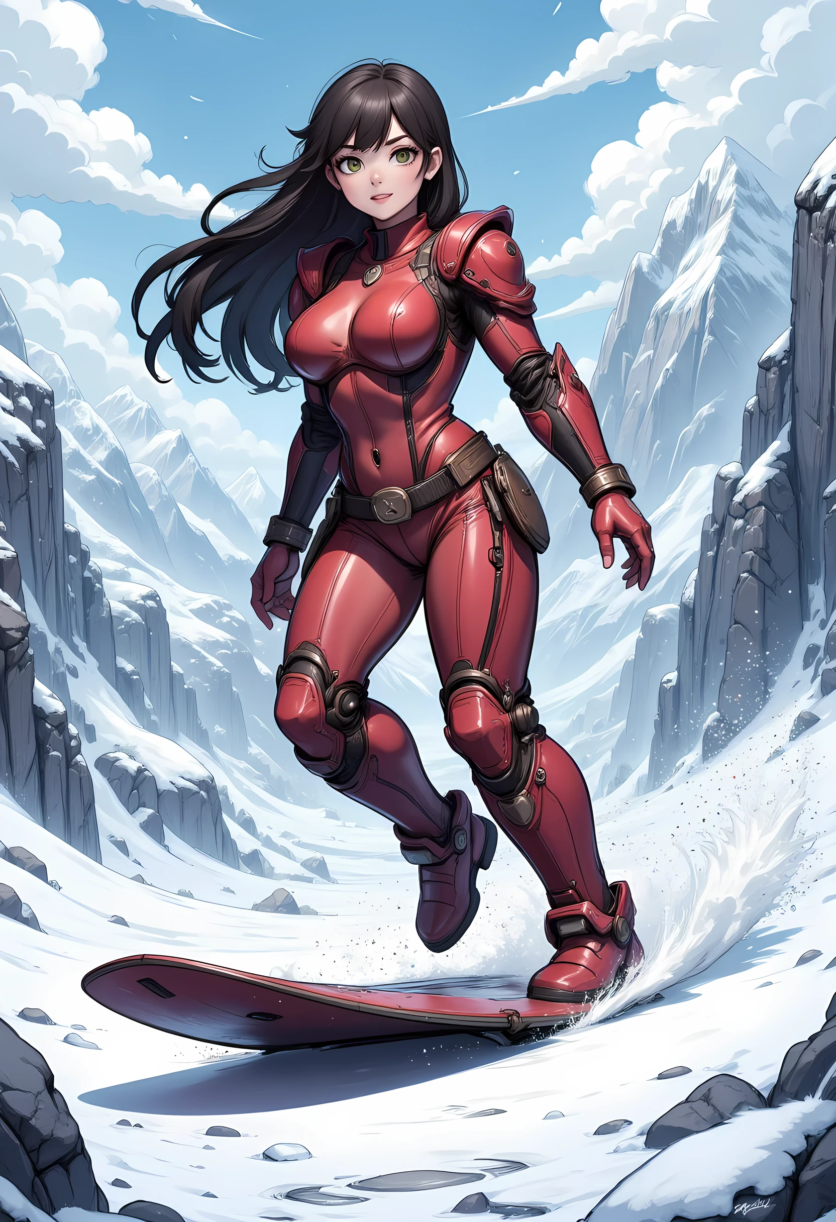 high details, best quality, 16k, [best detailed], masterpiece, best quality, (extremely detailed), photorealistic, fantasy art, RPG art, a picture of a mech girl, wearing red mech suit, surfing in the snow, epic beautiful human woman (best details, Masterpiece, best quality), ultra detailed face (best details, Masterpiece, best quality), dynamic hair, green eyes, mech suit, tight mech suit, (best details, Masterpiece, best quality), snowy mountain background, 