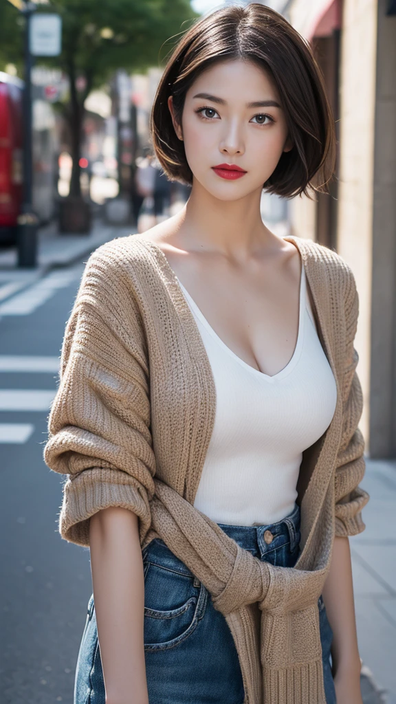 High resolution, masterpiece, Anatomically correct, Ultra high definition, Textured skin, ((Center parted very short hair)), tall、Large Breasts、Red Lip、Look at、American casual fashion、Street Snap、