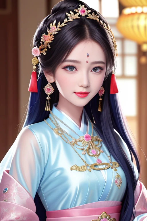 Best Quality,  (Highly detailed skin:1.2), 8k ultra high definition, High resolution, One young girl, Red face, Starry blue eyes, Beautiful and well-formed nose, Pink Lips, Nice face, Detailed facial depiction, Chinese Hanfu,Slender beauty, Shiny black hair,  Hair ornaments, gem, Earrings, necklace, White silk dress and suit，Look at me and smile. Costume of a high-ranking court lady, Inside the palace, Detailed illustration art, Detailed digital art, 