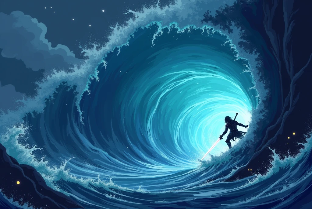 IMG_1837.CR2: (surfer inside a wave tunnel), ((masterpiece)), ((ultra-detailed, 8k quality)), (dark fantasy), (pixel art 16-bit style), (surfer riding a massive wave), (deep blue ocean with dark undertones), (gothic-inspired elements within the wave), (mysterious shadows and glowing eyes hidden in the water), (stormy skies in the background), (dramatic lighting with sharp contrasts), (wave tunnel resembling a dark portal), (moody atmosphere with rich shadows and glowing highlights), (sharp pixelated details, vibrant yet eerie colors), (surfer wearing tattered armor, holding a glowing sword), (water splashing with pixel precision), (retro fantasy adventure game feel), style of (Hidetaka Miyazaki, Yoshitaka Amano, and Shigeru Miyamoto).

Palavras de ativação: ((masterpiece)), ((ultra-detailed, 8k quality)), (dark fantasy), (pixel art 16-bit style).

Gatilhos: (dramatic lighting), (sharp pixelated details), (moody atmosphere), (dark undertones).

Palavras-chave: (surfer), (wave tunnel), (gothic-inspired), (stormy skies), (fantasy adventure game).