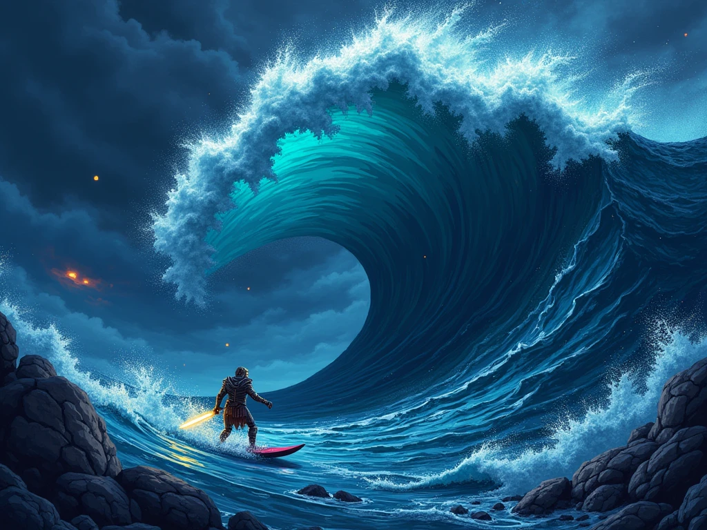 IMG_1837.CR2: (surfer inside a wave tunnel), ((masterpiece)), ((ultra-detailed, 8k quality)), (dark fantasy), (pixel art 16-bit style), (surfer riding a massive wave), (deep blue ocean with dark undertones), (gothic-inspired elements within the wave), (mysterious shadows and glowing eyes hidden in the water), (stormy skies in the background), (dramatic lighting with sharp contrasts), (wave tunnel resembling a dark portal), (moody atmosphere with rich shadows and glowing highlights), (sharp pixelated details, vibrant yet eerie colors), (surfer wearing tattered armor, holding a glowing sword), (water splashing with pixel precision), (retro fantasy adventure game feel), style of (Hidetaka Miyazaki, Yoshitaka Amano, and Shigeru Miyamoto).

Palavras de ativação: ((masterpiece)), ((ultra-detailed, 8k quality)), (dark fantasy), (pixel art 16-bit style).

Gatilhos: (dramatic lighting), (sharp pixelated details), (moody atmosphere), (dark undertones).

Palavras-chave: (surfer), (wave tunnel), (gothic-inspired), (stormy skies), (fantasy adventure game).