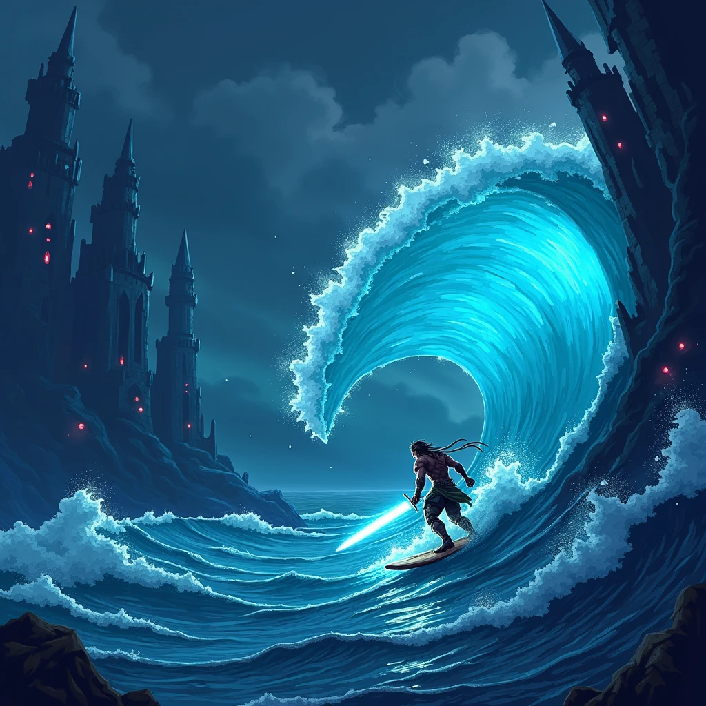 IMG_1837.CR2: (surfer inside a wave tunnel), ((masterpiece)), ((ultra-detailed, 8k quality)), (dark fantasy), (pixel art 16-bit style), (surfer riding a massive wave), (deep blue ocean with dark undertones), (gothic-inspired elements within the wave), (mysterious shadows and glowing eyes hidden in the water), (stormy skies in the background), (dramatic lighting with sharp contrasts), (wave tunnel resembling a dark portal), (moody atmosphere with rich shadows and glowing highlights), (sharp pixelated details, vibrant yet eerie colors), (surfer wearing tattered armor, holding a glowing sword), (water splashing with pixel precision), (retro fantasy adventure game feel), style of (Hidetaka Miyazaki, Yoshitaka Amano, and Shigeru Miyamoto).

Palavras de ativação: ((masterpiece)), ((ultra-detailed, 8k quality)), (dark fantasy), (pixel art 16-bit style).

Gatilhos: (dramatic lighting), (sharp pixelated details), (moody atmosphere), (dark undertones).

Palavras-chave: (surfer), (wave tunnel), (gothic-inspired), (stormy skies), (fantasy adventure game).