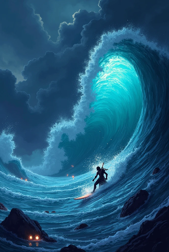 IMG_1837.CR2: (surfer inside a wave tunnel), ((masterpiece)), ((ultra-detailed, 8k quality)), (dark fantasy), (pixel art 16-bit style), (surfer riding a massive wave), (deep blue ocean with dark undertones), (gothic-inspired elements within the wave), (mysterious shadows and glowing eyes hidden in the water), (stormy skies in the background), (dramatic lighting with sharp contrasts), (wave tunnel resembling a dark portal), (moody atmosphere with rich shadows and glowing highlights), (sharp pixelated details, vibrant yet eerie colors), (surfer wearing tattered armor, holding a glowing sword), (water splashing with pixel precision), (retro fantasy adventure game feel), style of (Hidetaka Miyazaki, Yoshitaka Amano, and Shigeru Miyamoto).

Palavras de ativação: ((masterpiece)), ((ultra-detailed, 8k quality)), (dark fantasy), (pixel art 16-bit style).

Gatilhos: (dramatic lighting), (sharp pixelated details), (moody atmosphere), (dark undertones).

Palavras-chave: (surfer), (wave tunnel), (gothic-inspired), (stormy skies), (fantasy adventure game).