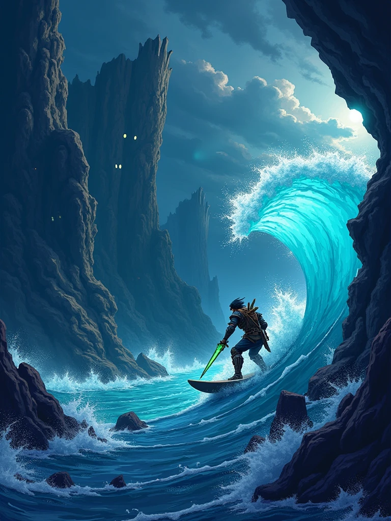 IMG_1837.CR2: (surfer inside a wave tunnel), ((masterpiece)), ((ultra-detailed, 8k quality)), (dark fantasy), (pixel art 16-bit style), (surfer riding a massive wave), (deep blue ocean with dark undertones), (gothic-inspired elements within the wave), (mysterious shadows and glowing eyes hidden in the water), (stormy skies in the background), (dramatic lighting with sharp contrasts), (wave tunnel resembling a dark portal), (moody atmosphere with rich shadows and glowing highlights), (sharp pixelated details, vibrant yet eerie colors), (surfer wearing tattered armor, holding a glowing sword), (water splashing with pixel precision), (retro fantasy adventure game feel), style of (Hidetaka Miyazaki, Yoshitaka Amano, and Shigeru Miyamoto).

Palavras de ativação: ((masterpiece)), ((ultra-detailed, 8k quality)), (dark fantasy), (pixel art 16-bit style).

Gatilhos: (dramatic lighting), (sharp pixelated details), (moody atmosphere), (dark undertones).

Palavras-chave: (surfer), (wave tunnel), (gothic-inspired), (stormy skies), (fantasy adventure game).