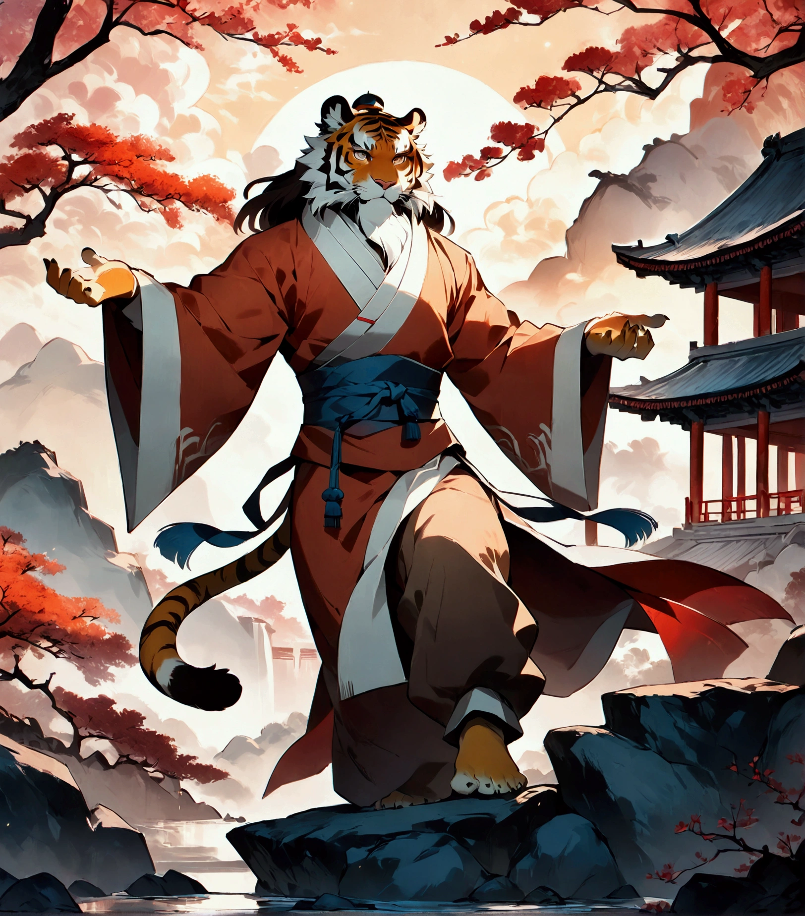 wuxia, daoist, a plump middle-aged chinese tiger man, full body in Michelangelo Buonarroti style, digital illustration anime, character focus, full body, looking away, dynamic angle, BREAK serious, standing, drawing a circle in the air with a finger, dynamic pose, detailed painting landscape, starry sky, chinese shrine, outdoor, complete anatomy, perfect proportions, beautiful thigh gap, fluffy body, intricate fur details, beautiful fur texture, BREAK detailed tiger 1tail, detailed toe, 5toes, 5toes nails, beautiful foot, BREAK detailed hands, 5fingers, 5fingers nails, BREAK aesthetic anime face, insanity detailed face, male face, big face, square jawline, aesthetic anime eyes, detailed brown eyes, detailed brown cornea, detailed dark brown irises, detailed pupils, male eyes, big eyes, male eyebrows, innocent look, beautiful beard, BREAK masterpiece, official art, best quality, very aesthetic, absurdres, super fine illustration, great quality, BREAK noise reduction, very highres, large filesize, high quality, 32K, 8k wallpaper, dynamic lighting, BREAK insanity detailed, ultra detailed, intricate details, extremely detailed, detailed texture, an extremely delicate and beautiful, full color, BREAK e621 uncut tag, Fur Affinity illustration, osukemo, kemohomo, anthropomorphic, furry, cartoon, harmonious, pastoral, virtuous, epic atmosphere 