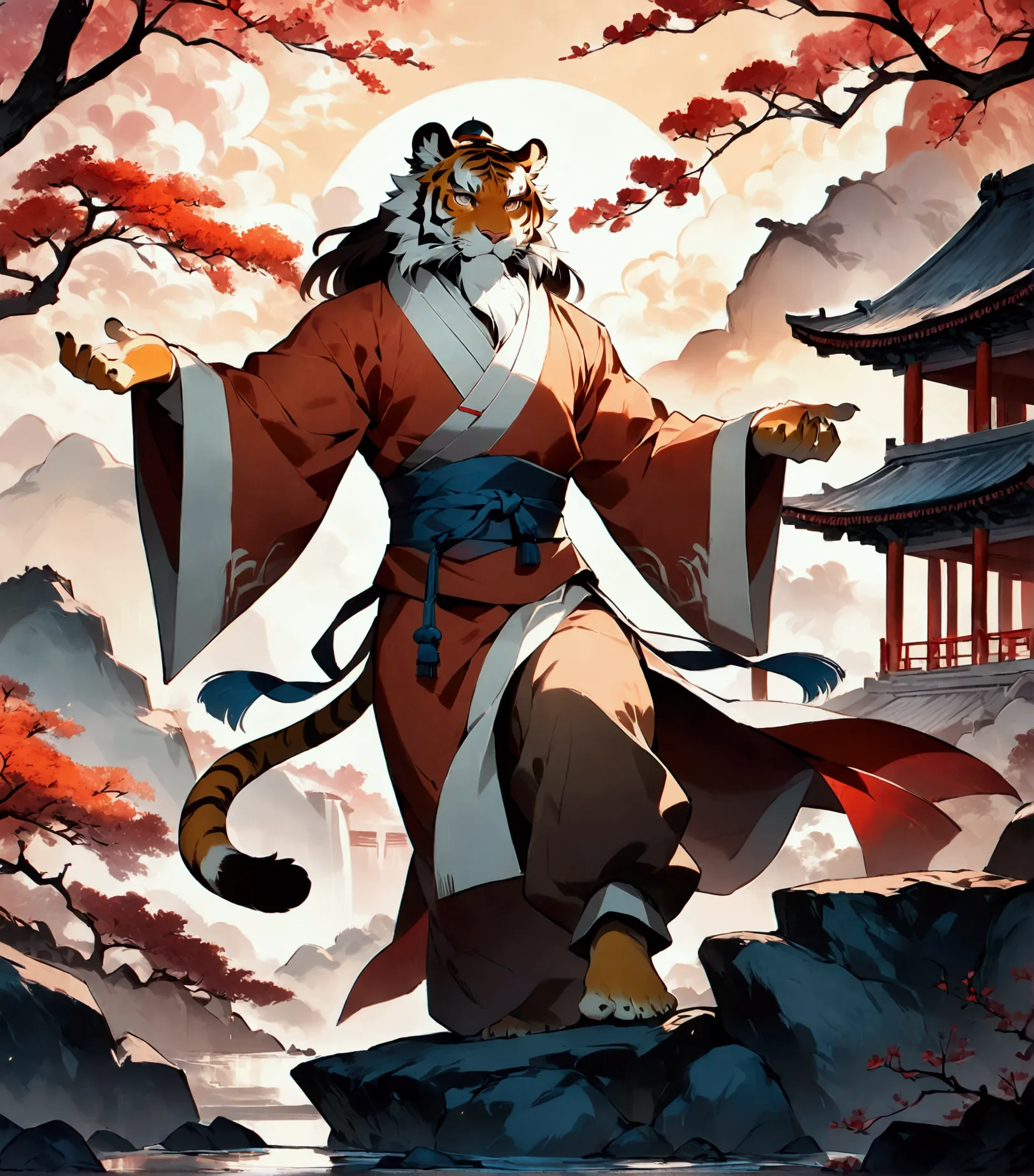 wuxia, daoist, a plump middle-aged chinese tiger man, full body in michelangelo buonarroti style, digital illustration anime, ch...