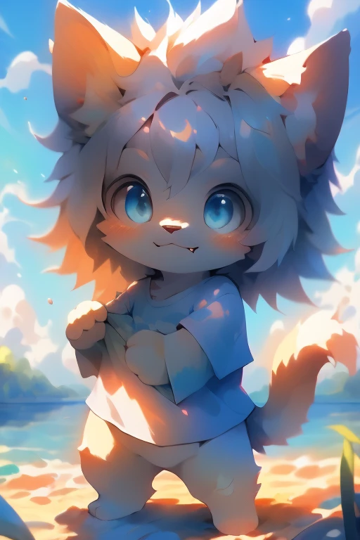 masterpiece, ((blueT-shirt)), white hair, ((big blue eyes)), deformed, cat, toddler, ((Petite and cute emphasis)), male, furry, hyper cute face, long tail, ((lion hair)), fang, solo, summer, nude, ((short legs)), lake,
