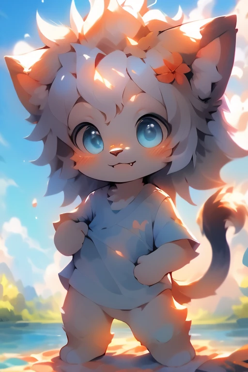 masterpiece, ((blueT-shirt)), white hair, ((big blue eyes)), deformed, cat, toddler, ((Petite and cute emphasis)), male, furry, hyper cute face, long tail, ((lion hair)), fang, solo, summer, nude, ((short legs)), lake,
