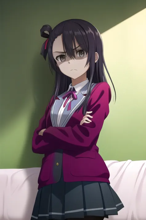 1girl, solo,shirt, black hair,dark brown eyes, hair between eyes, school uniform, white shirt, hair red ribbon, neck ribbon, blazer, red jacket, pleated skirt, black pantyhose,
BREAK standing, (crossed arms, twisting the body:1.1),
BREAK kubrick stare, frown, shaded face, angry,
BREAK (looking at viewer:1.1),
BREAK (from below:1.2), from side, cowboy sot,
BREAK (bed room, bed:1.1),
BREAK (illustration:1.2),
BREAK (masterpiece, best quality, ultra detailed, professional quality:1.3), (high resolution, textile shading:1.3), (caustics, ambient light, sunlight, hard shadows:1.1), (HD), rich contrast,