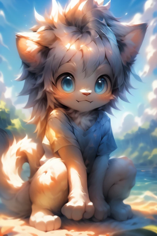 masterpiece, ((blueT-shirt)), white hair, ((big blue eyes)), deformed, cat, toddler, ((Petite and cute emphasis)), male, furry, hyper cute face, long tail, ((lion hair)), fang, solo, summer, nude, ((short legs)), lake, squat
