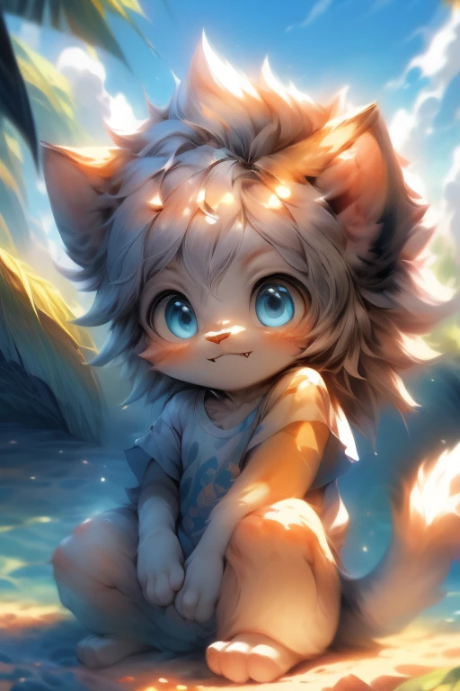 masterpiece, ((blueT-shirt)), white hair, ((big blue eyes)), deformed, cat, toddler, ((Petite and cute emphasis)), male, furry, hyper cute face, long tail, ((lion hair)), fang, solo, summer, nude, ((short legs)), lake, squat
