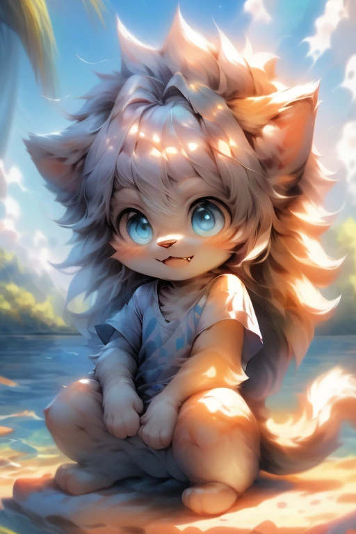 masterpiece, ((blueT-shirt)), white hair, ((big blue eyes)), deformed, cat, toddler, ((Petite and cute emphasis)), male, furry, hyper cute face, long tail, ((lion hair)), fang, solo, summer, nude, ((short legs)), lake, squat
