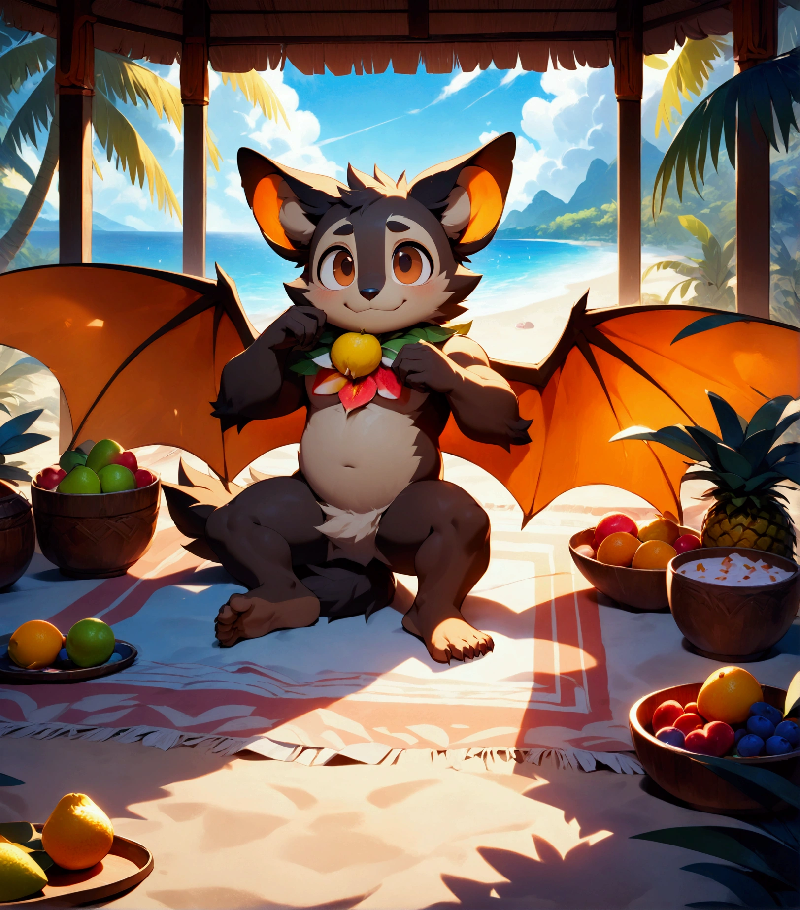 resort, a muscular middle-aged megabat man, megabat wings full body in Michelangelo Buonarroti style, digital illustration anime, character focus, full body, looking away, from above, BREAK happy, little smile, aloha shirt, sweet fruit, assorted fruits, fruit cup, carpet, lying, eat fruit, detailed painting landscape, afternoon, tropical, resort, beach, outdoor, complete anatomy, perfect proportions, beautiful thigh gap, fluffy body, intricate fur details, beautiful fur texture, BREAK detailed megabat 1tail, detailed toe, 5toes, 5toes nails, beautiful foot, detailed hands, 5fingers, 5fingers nails, BREAK aesthetic anime face, insanity detailed face, male face, big face, square jawline, aesthetic anime eyes, detailed brown eyes, detailed brown cornea, detailed dark brown irises, detailed pupils, male eyes, big eyes, male eyebrows, innocent look, beautiful beard, BREAK masterpiece, official art, best quality, very aesthetic, absurdres, super fine illustration, great quality, BREAK noise reduction, very highres, large filesize, high quality, 32K, 8k wallpaper, dynamic lighting, BREAK insanity detailed, ultra detailed, intricate details, extremely detailed, detailed texture, an extremely delicate and beautiful, full color, HDR, BREAKBREAK e621 uncut tag, Fur Affinity illustration, osukemo, kemohomo, anthropomorphic, furry, cartoon, harmonious, pastoral, virtuou, paradise atmosphere 