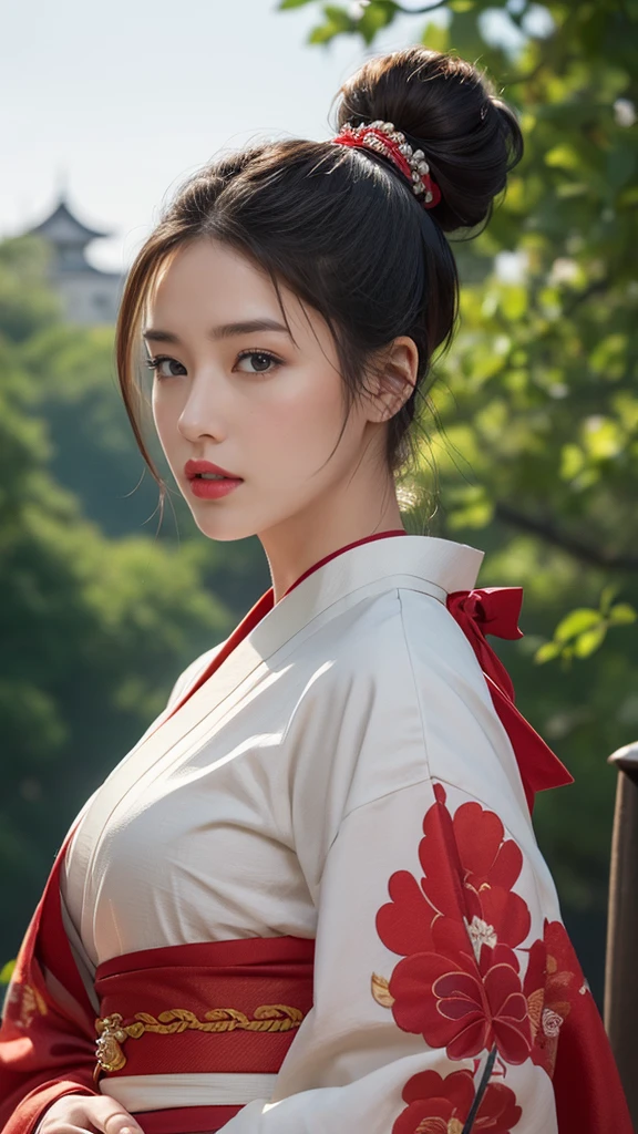 solo, Look at, High resolution, masterpiece, Very anatomically correct, Winner of numerous awards, High detail, Very detailed, Ultra high definition, Textured skin, ((Side-shaved topknot)), Large Breasts、Red Lip、Samurai kimono、The background is a Japanese castle town、