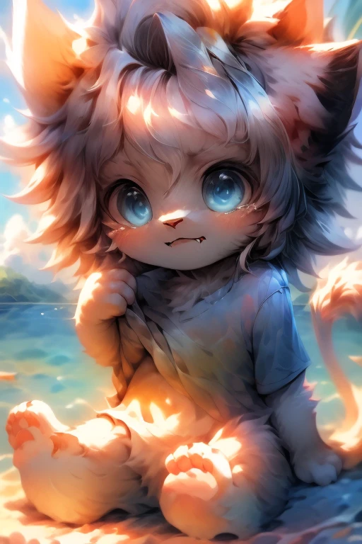 masterpiece, ((blueT-shirt)), white hair, ((big blue eyes)), deformed, cat, toddler, ((Petite and cute emphasis)), male, furry, hyper cute face, long tail, ((lion hair)), fang, solo, summer, nude, ((short legs)), lake, cry