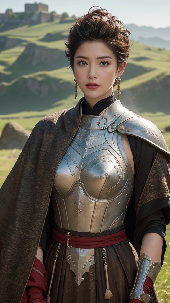 solo, Look at, High resolution, masterpiece, Very anatomically correct, Winner of numerous awards, High detail, Very detailed, Ultra high definition, Textured skin, ((Very short hair with shaved sides)), Large Breasts、Red Lip、Medieval armor with cloak、(The background is a grassland),