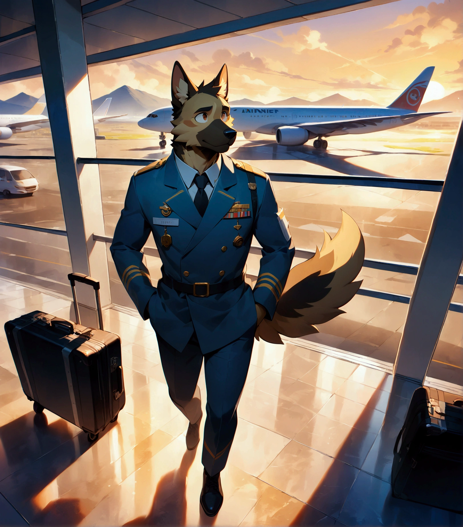 airline pilot, a plump middle-aged german shepherd man, full body in Michelangelo Buonarroti style, digital illustration anime, character focus, full body, looking away, from above, BREAK clothed, airline hat, airline black color suit, trolley case, walking, detailed painting  landscape, morning, airport, passenger terminal, indoor, complete anatomy, perfect proportions, beautiful thigh gap, fluffy body, intricate fur details, beautiful fur texture, BREAK detailed german shepherd 1tail, detailed shoes, beautiful foot, detailed hands, 5fingers, 5fingers nails, BREAK aesthetic anime face, insanity detailed face, male face, big face, square jawline, aesthetic anime eyes, detailed brown eyes, detailed brown cornea, detailed dark brown irises, detailed pupils, male eyes, big eyes, male eyebrows, innocent look, beautiful beard, BREAK masterpiece, official art, best quality, very aesthetic, absurdres, super fine illustration, great quality, BREAK noise reduction, very highres, large filesize, high quality, 32K, 8k wallpaper, dynamic lighting, BREAK insanity detailed, ultra detailed, intricate details, extremely detailed, detailed texture, an extremely delicate and beautiful, full color, HDR, BREAK e621 uncut tag, Fur Affinity illustration, osukemo, kemohomo, anthropomorphic, furry, cartoon, harmonious, pastoral, virtuous, airport atmosphere 