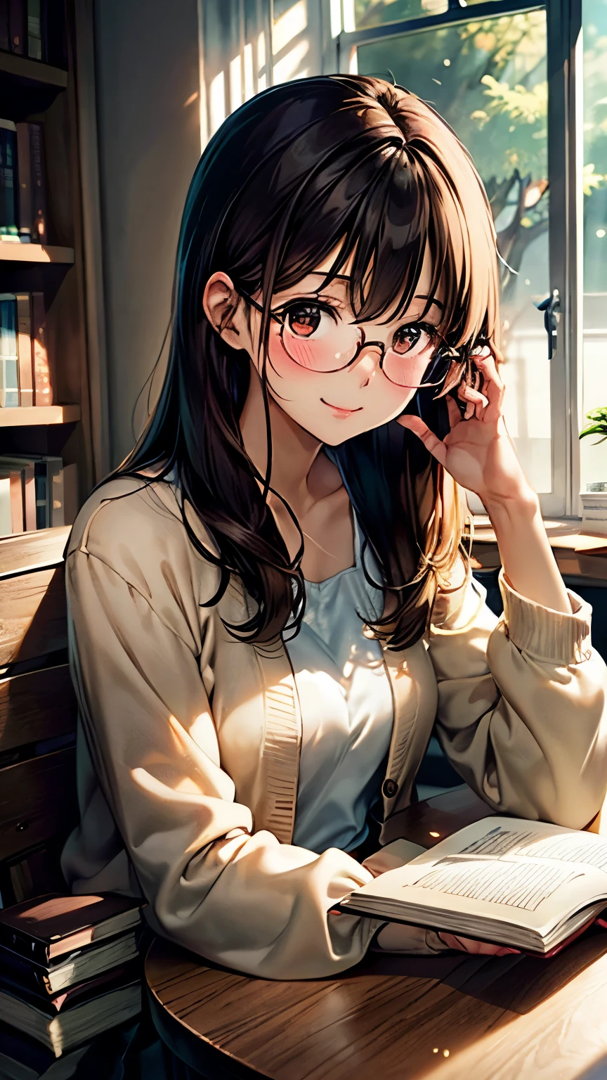 A quiet anime-style girl with long straight dark brown hair and gentle brown eyes behind thin-framed glasses. She is wearing a soft beige cardigan over a white blouse and a pleated skirt. Sitting at a wooden table in a cozy library, she is deeply engrossed in reading a thick hardcover book. Sunlight filters through the large windows, casting a warm glow. Stacks of books surround her, and there's a serene smile on her face. High detail, soft lighting, peaceful atmosphere.