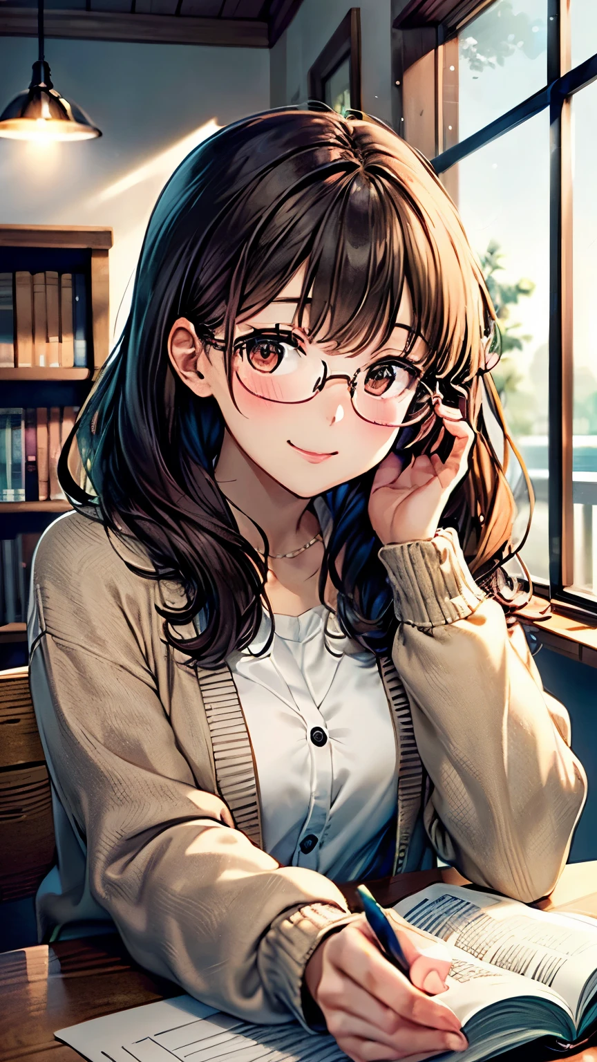 A quiet anime-style girl with long straight dark brown hair and gentle brown eyes behind thin-framed glasses. She is wearing a soft beige cardigan over a white blouse and a pleated skirt. Sitting at a wooden table in a cozy library, she is deeply engrossed in reading a thick hardcover book. Sunlight filters through the large windows, casting a warm glow. Stacks of books surround her, and there's a serene smile on her face. High detail, soft lighting, peaceful atmosphere.