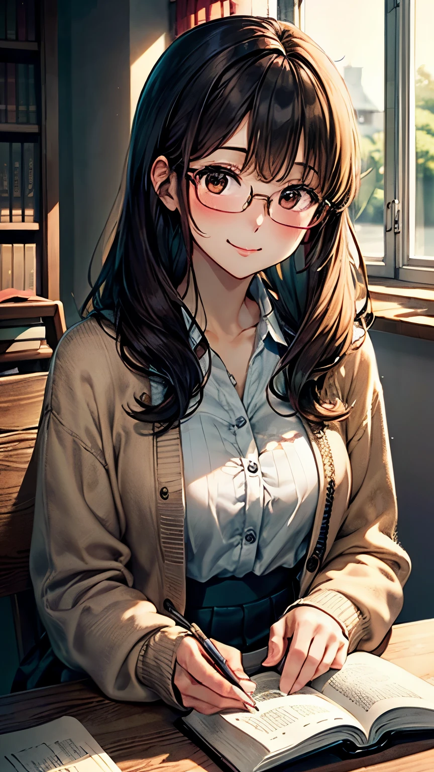 A quiet anime-style girl with long straight dark brown hair and gentle brown eyes behind thin-framed glasses. She is wearing a soft beige cardigan over a white blouse and a pleated skirt. Sitting at a wooden table in a cozy library, she is deeply engrossed in reading a thick hardcover book. Sunlight filters through the large windows, casting a warm glow. Stacks of books surround her, and there's a serene smile on her face. High detail, soft lighting, peaceful atmosphere.