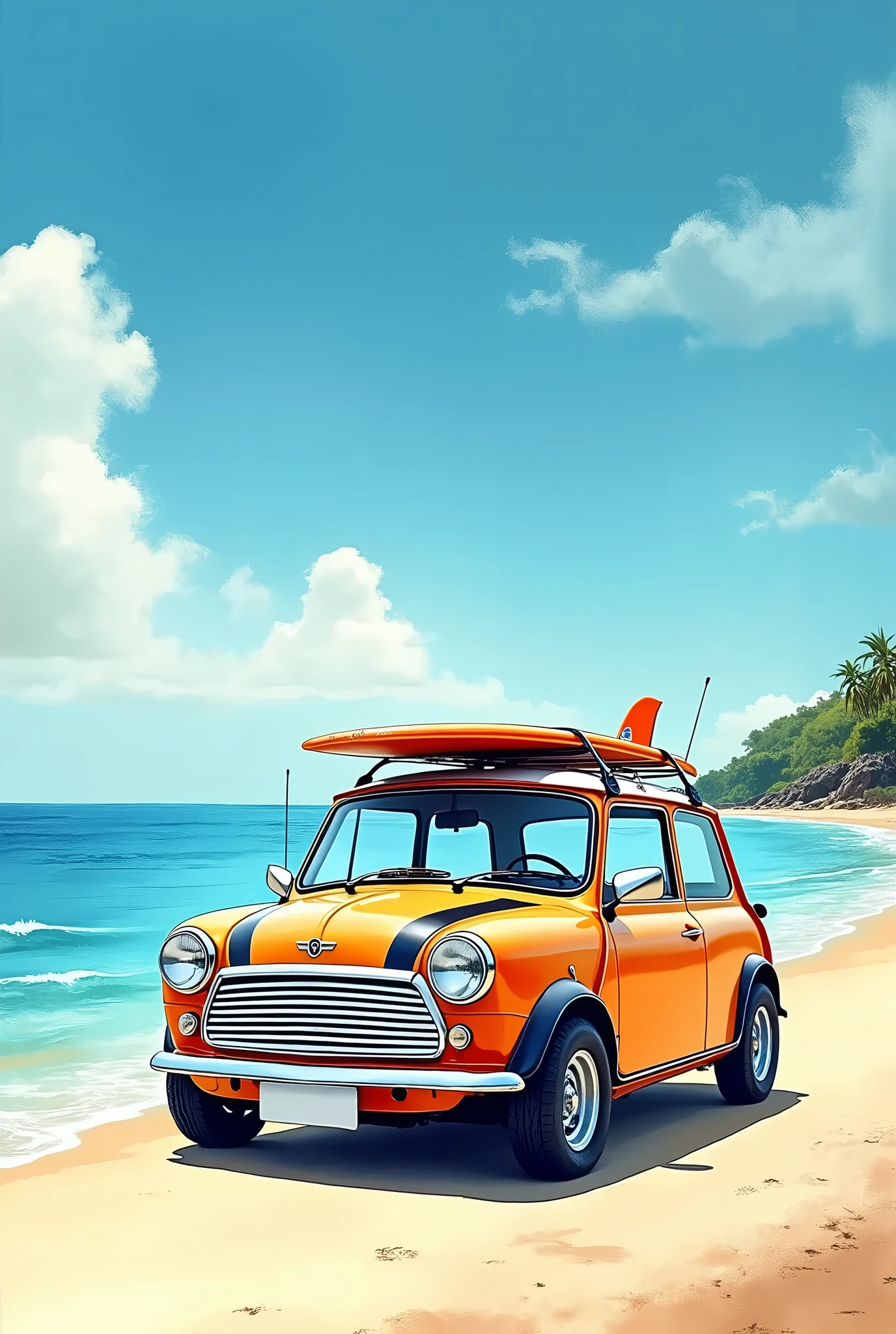 Classic Mini、Rover Mini、A Mini Countryman has a surfboard on its roof。Ink painting depicting sea leisure、Blue sky and sun、beautiful sea scenery