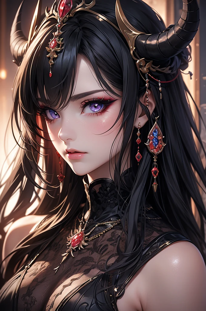 masterpiece,best quality,extremely detailed CG,ultra-detailed,beautiful detailed eyes,1girl,demon queen,sexy makeup,determined,