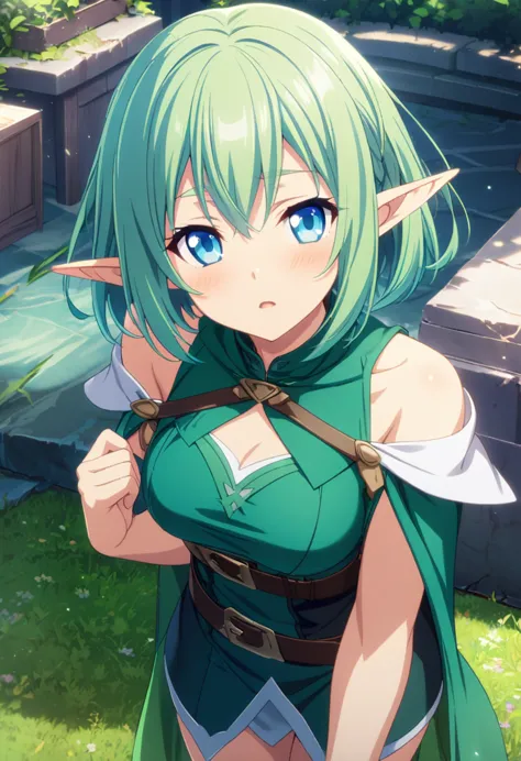 1 elf girl, short hair above the shoulders, blue eyes, elf girl, elf clothes, CG