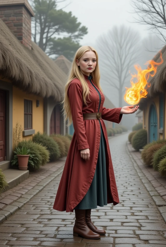 a beautiful concentrated sorceress with long blond hair dressed in a mage robe and boots casts a fireball in a dynamic battle pose against the background of a picturesque hobbit village, cold atmosphere, an intricate mix of colors