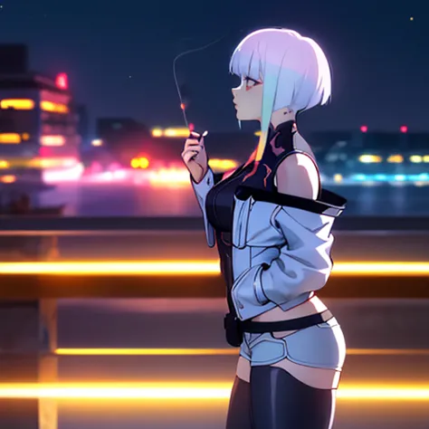 Lucy \(Cyberpunk\), 1 Girl, against railing, armrest, Bangs, Bare Shoulders, belt, black belt, black Tights, Black pants, Vague, Bob Cut, breast, architecture, cigarette, Cityscape, Clothing Cutting, cropped jacket, Cyberpunk, Depth of Field, From the side, Gradient eyes, Gray Eyes, Gray Hair, Keep, Keep cigarette, jacket, Tights, Lips, Long sleeve, Looking beyond, Looking forward, Mechanical parts, medium breast, Multi-colored eyes, Colorful hair, night, night Sky, Off-shoulder, Open clothes, open jacket, outdoor, pants, parted Lips, railing, Red Eyeliner, Science Fiction, Short hair long hair, short shorts, shorts, Side lock, Sky, smoke, Smoking, Solitary, Standing, teeth, Thigh split, upper teeth only, white jacket, white shorts, Cyberpunk \(series\), Cyberpunk edgerunners

