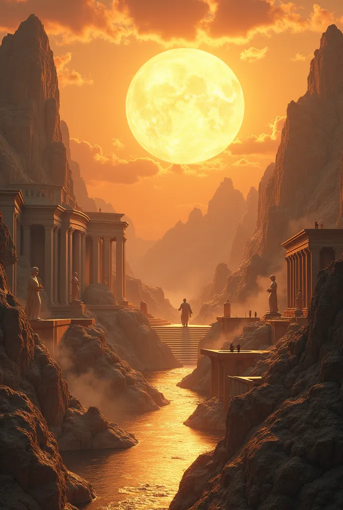 The city of Olympus being overlooked by a gleaming sun which projects its mystical and magical powers 