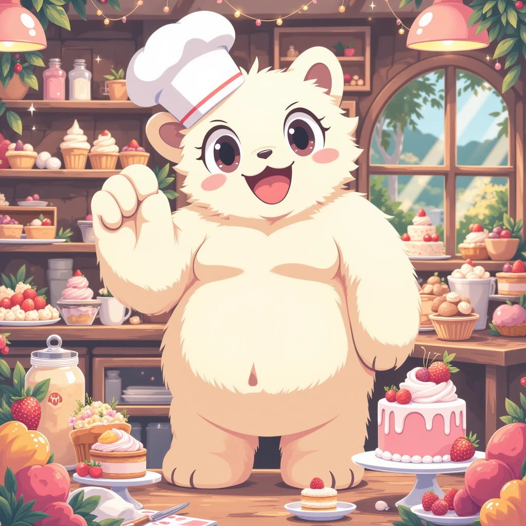 pastry chef, a plump middle-aged polar bear man, full body in Michelangelo Buonarroti style, digital illustration anime, character focus, full body, looking away, dynamic angle, BREAK happy, little smile, chef's hat, costume, boots, cook a cake, a beautiful pastel-colored patisserie, intricate and delicate cakes, delicate floral decorations, perfectly arranged dessert display, assorted fruits, sugar flowers, macarons, cupcakes, tarts, sweet treats, dynamic pose, detailed painting landscape, morning, patisserie, kitchen, kitchen table, indoor, france, BREAK complete anatomy, perfect proportions, beautiful thigh gap, fluffy body, intricate fur details, beautiful fur texture, BREAK detailed polar bear tail, detailed boots, detailed hands, 5fingers, 5fingers nails, BREAK aesthetic anime face, insanity detailed face, male face, big face, square jawline, aesthetic anime eyes, detailed brown eyes, detailed brown cornea, detailed dark brown irises, detailed pupils, male eyes, big eyes, male eyebrows, innocent look, beautiful beard, BREAK masterpiece, official art, best quality, very aesthetic, absurdres, super fine illustration, great quality, BREAK noise reduction, very highres, large filesize, high quality, 32K, 8k wallpaper, dynamic lighting, BREAK insanity detailed, ultra detailed, intricate details, extremely detailed, detailed texture, an extremely delicate and beautiful, full color, HDR, BREAK e621 uncut tag, Fur Affinity illustration, osukemo, kemohomo, anthropomorphic, furry, cartoon, harmonious, pastoral, virtuous