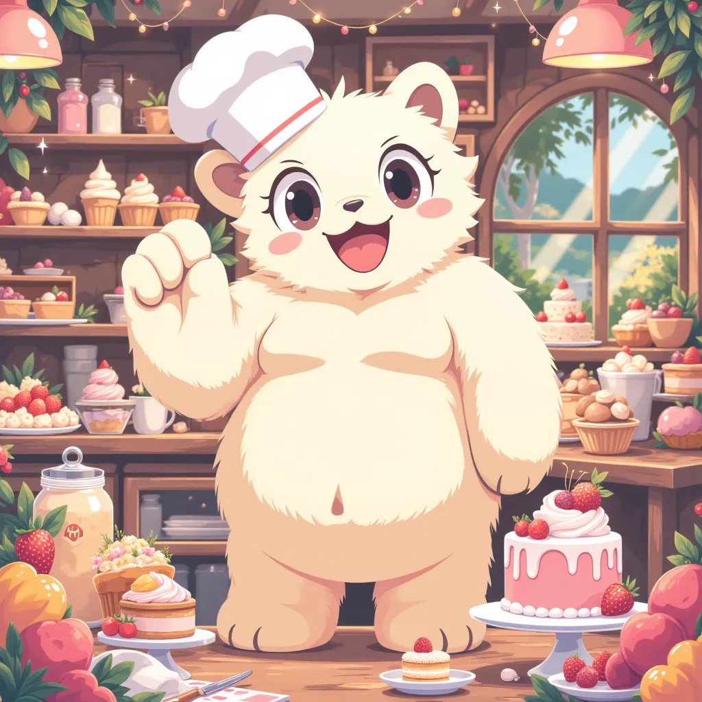 pastry chef, a plump middle-aged polar bear man, full body in michelangelo buonarroti style, digital illustration anime, charact...