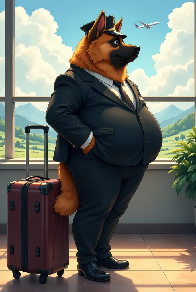 airline pilot, a plump middle-aged german shepherd man, full body in michelangelo buonarroti style, digital illustration anime, ...