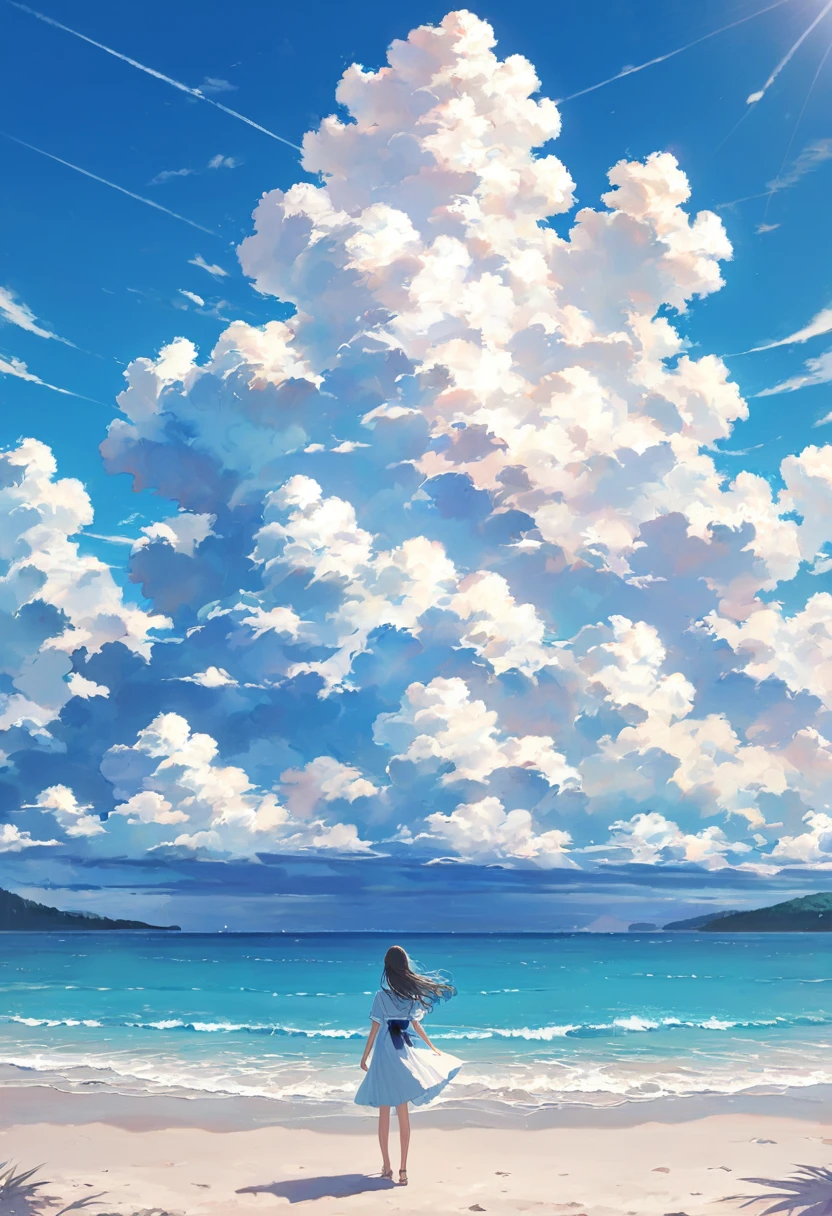 One woman,pastel,In front of the sea,Standing on the beach,blue sky,Large cumulonimbus cloud,View from afar,A touching scene