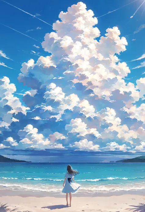 One woman,pastel,In front of the sea,Standing on the beach,blue sky,Large cumulonimbus cloud,View from afar,A touching scene