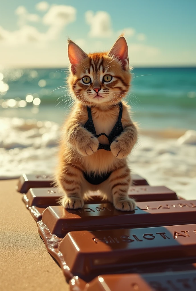 The cutest brown tiger kitten in the world is carrying the cutest girl in a black micro bikini in her arms like a princess while surfing on a giant bar of chocolate、Honolulu beach in midsummer、Realistic、Bold composition、Incredible detail、The shining sun、