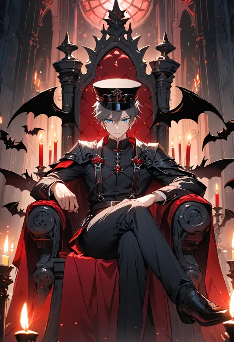 masterpiece, best quality, ultra-detailed, an anime-style scene featuring a young, charismatic man sitting on a grand throne, dressed in sleek black and red armor. His expression is calm but intense, and his blue eyes glow faintly in the candlelight. He casually tips his black hat as he lounges on the throne with one leg resting over the armrest. A black dragon, its red eyes glowing menacingly, rests beside him. The setting is a gothic-style throne room, with tall candelabras casting flickering light, and bats flying in the background, adding to the dark, fantasy atmosphere. The colors are bold, with deep blacks, reds, and grays dominating the scene, contrasted by the soft glow of the candles. The overall tone is dramatic and powerful, with the character exuding a sense of control and danger.